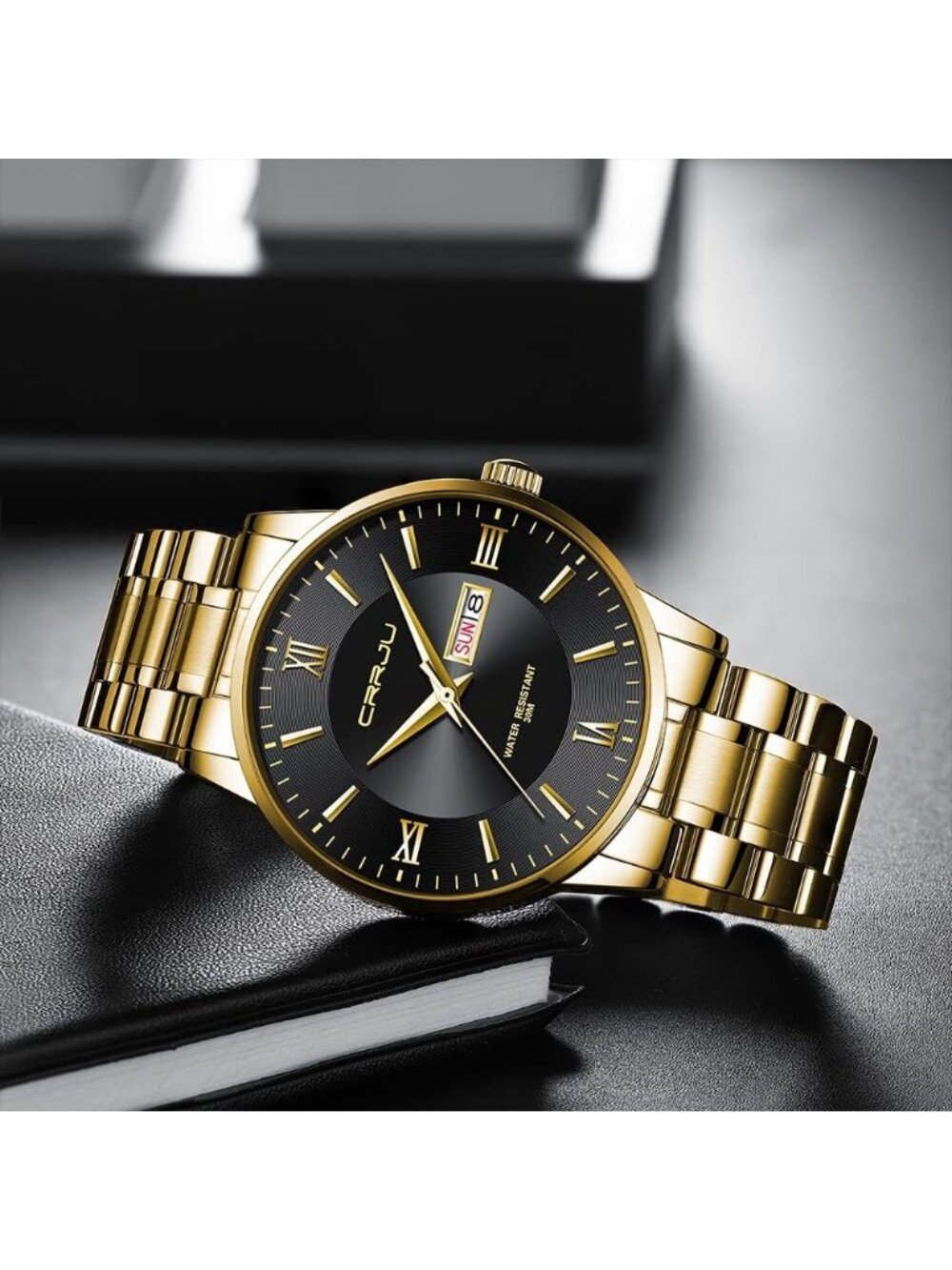Men's Gold Black Luxury Stainless Steel Chronograph Analog Quartz Round Watch - Picture 4 of 5